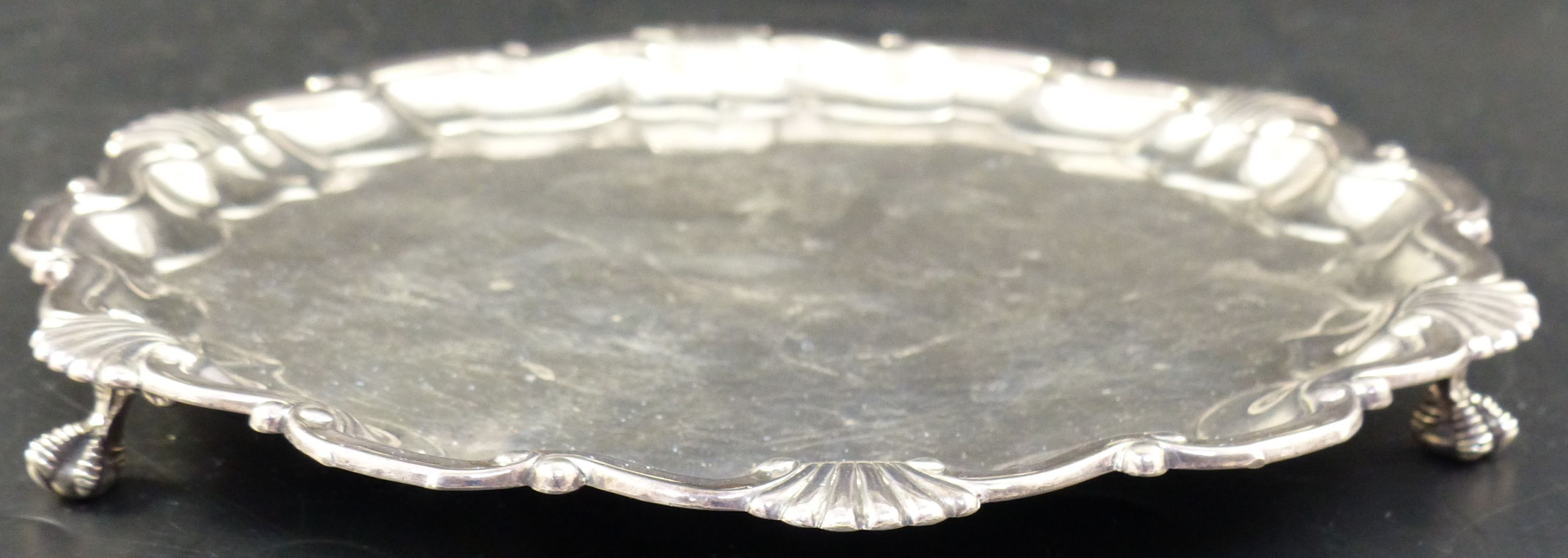 A late Victorian silver salver with shell and scroll border, 21.2cm, 10.5oz